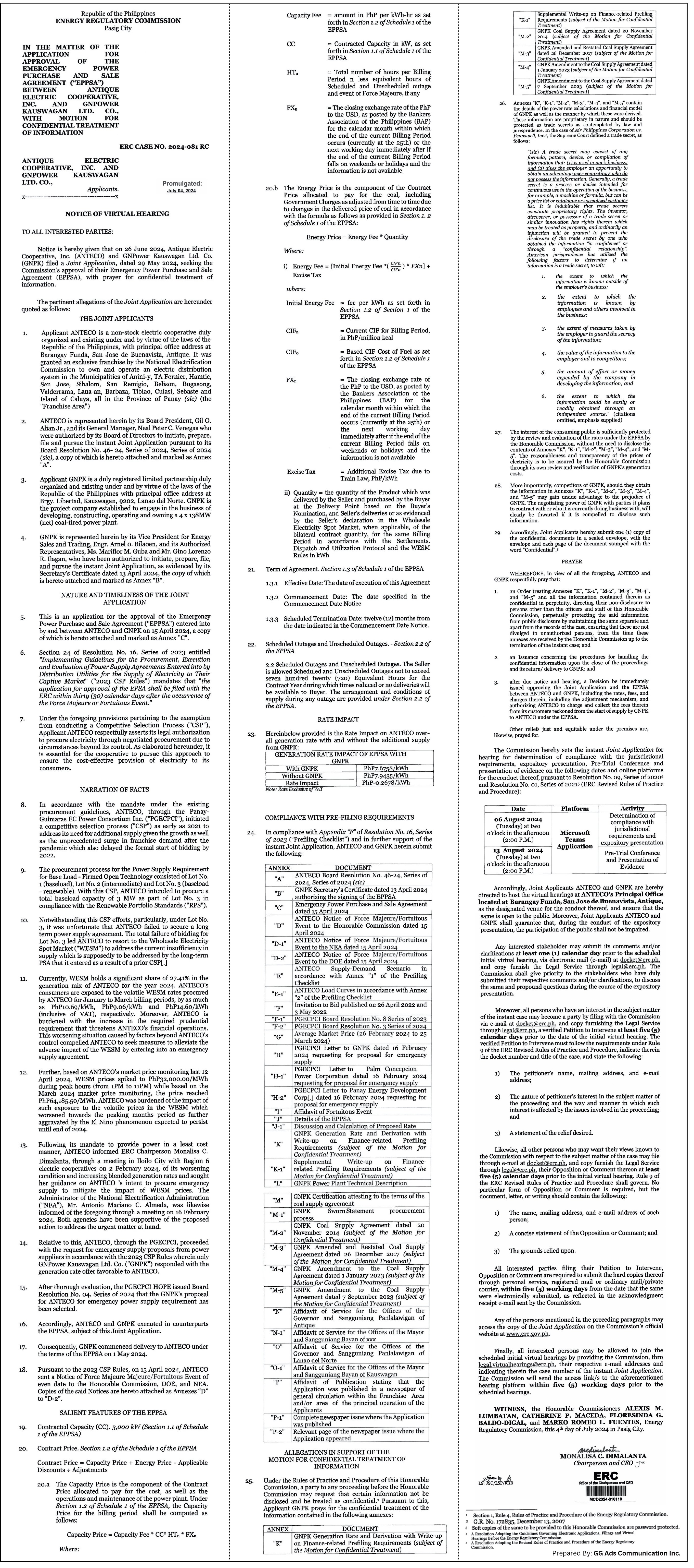 Notice of Virtual Hearing - Antique Electric Cooperative, Inc. & GNPower Kauswagan LTD. Co.,